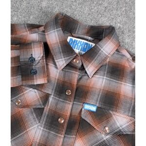 Dixxon Flannel Patina Pearl Snap Shirt Womens Medium Brown Black Plaid